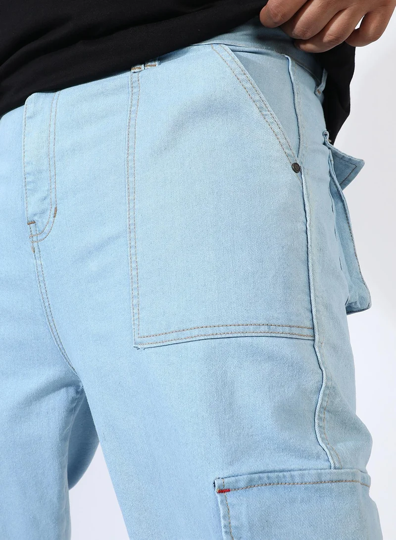 Instafab Plus  Men's Light Blue Utility Cargo Denim Jeans For Casual Wear | Mid-Rise | Straight Fit | Button Closure | Plus-Size Denim Jeans Crafted With Comfort Fit For Everyday Wear for Men | Best Price UAE